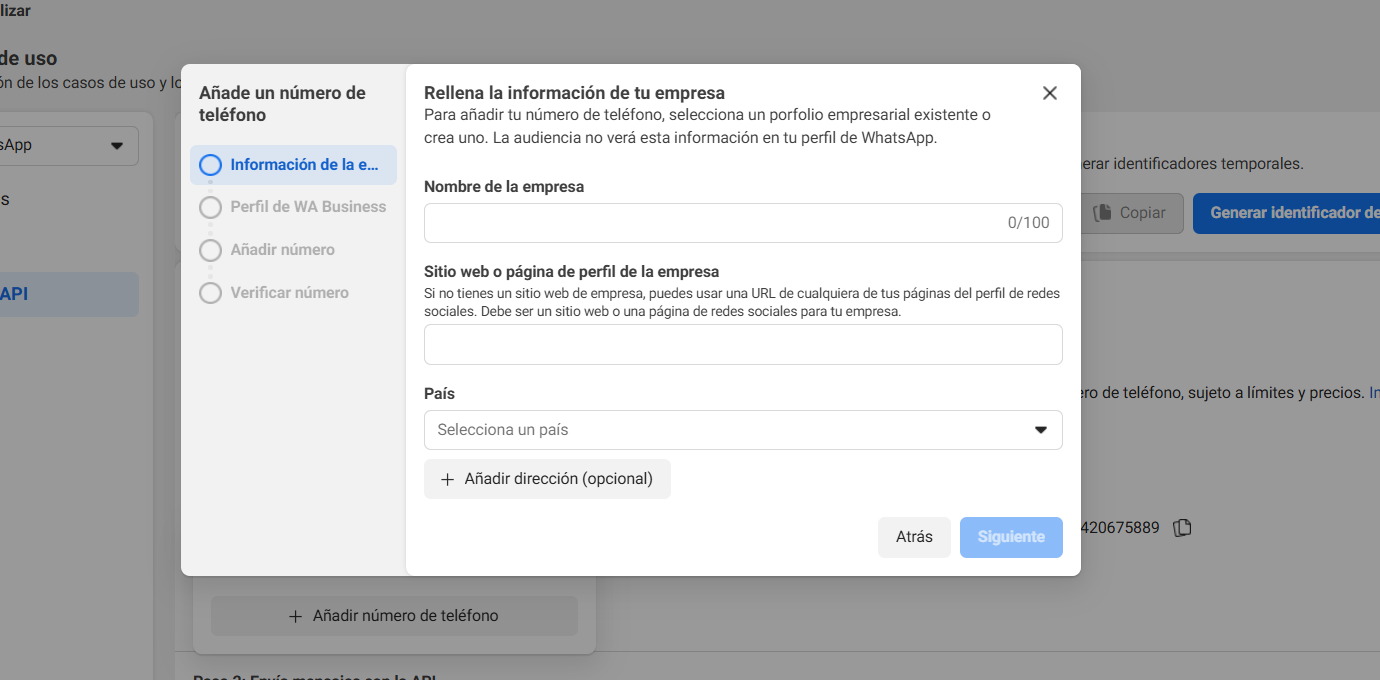 Modal para añadir número de WhatsApp